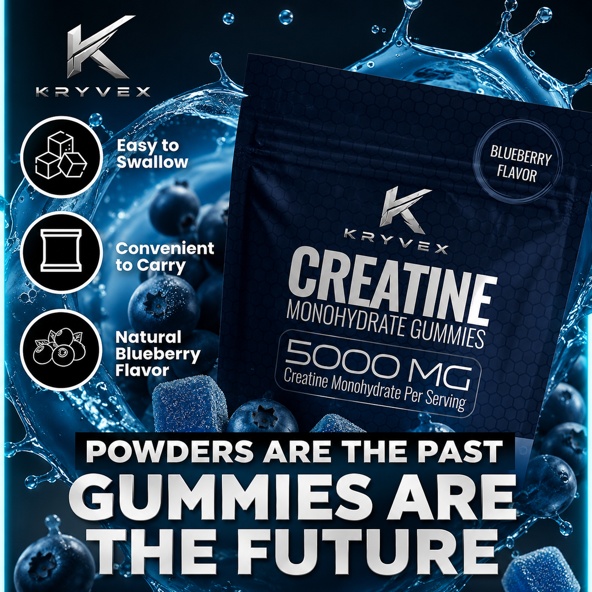 Kryvex Creatine Monohydrate Gummies — Blueberry, 60 Count