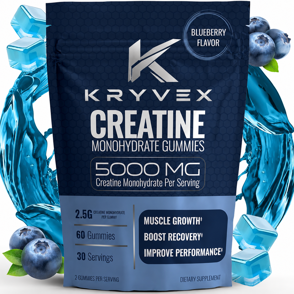 Kryvex Creatine Monohydrate Gummies — Blueberry, 60 Count