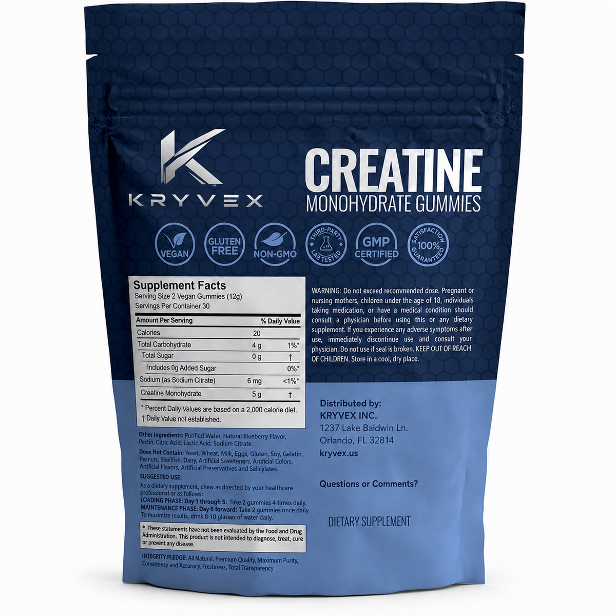 Kryvex Creatine Monohydrate Gummies — Blueberry, 60 Count