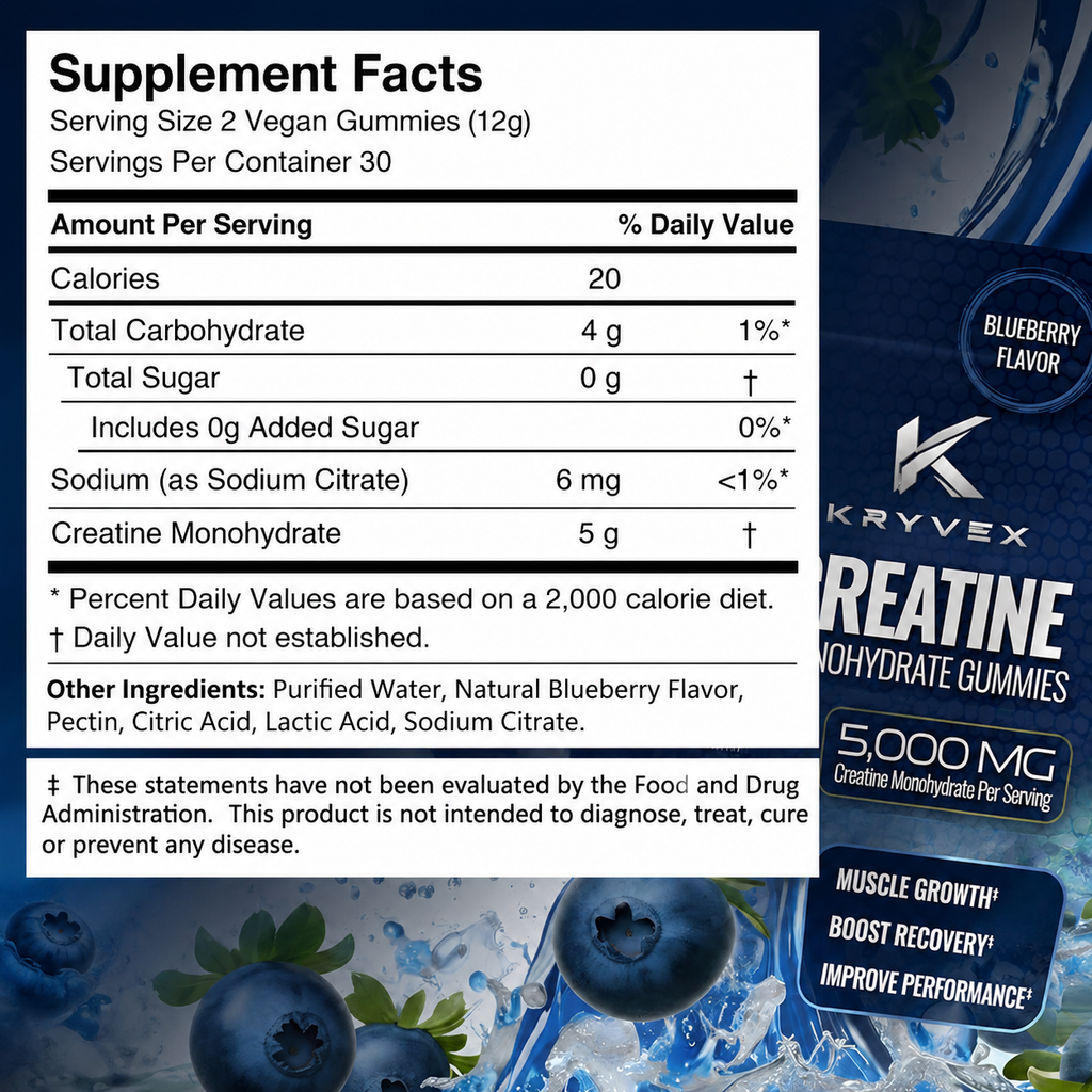 Kryvex Creatine Monohydrate Gummies — Blueberry, 60 Count
