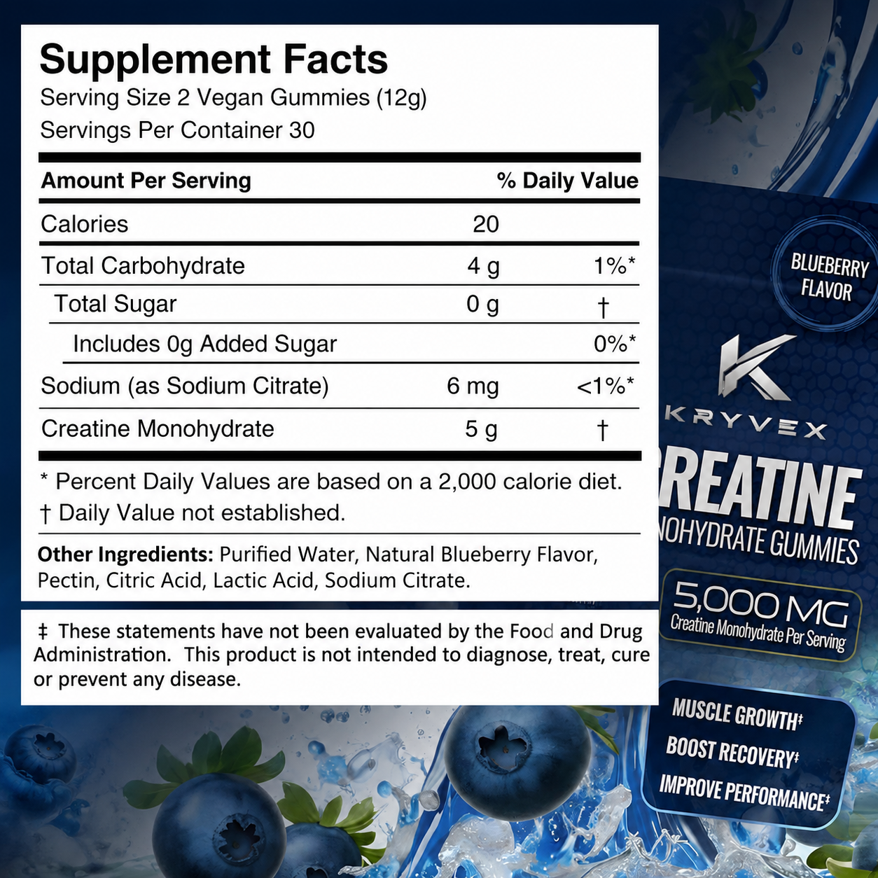 Kryvex Creatine Monohydrate Gummies — Blueberry, 60 Count