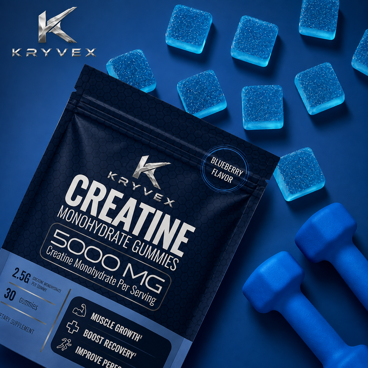 Kryvex Creatine Monohydrate Gummies — Blueberry, 60 Count